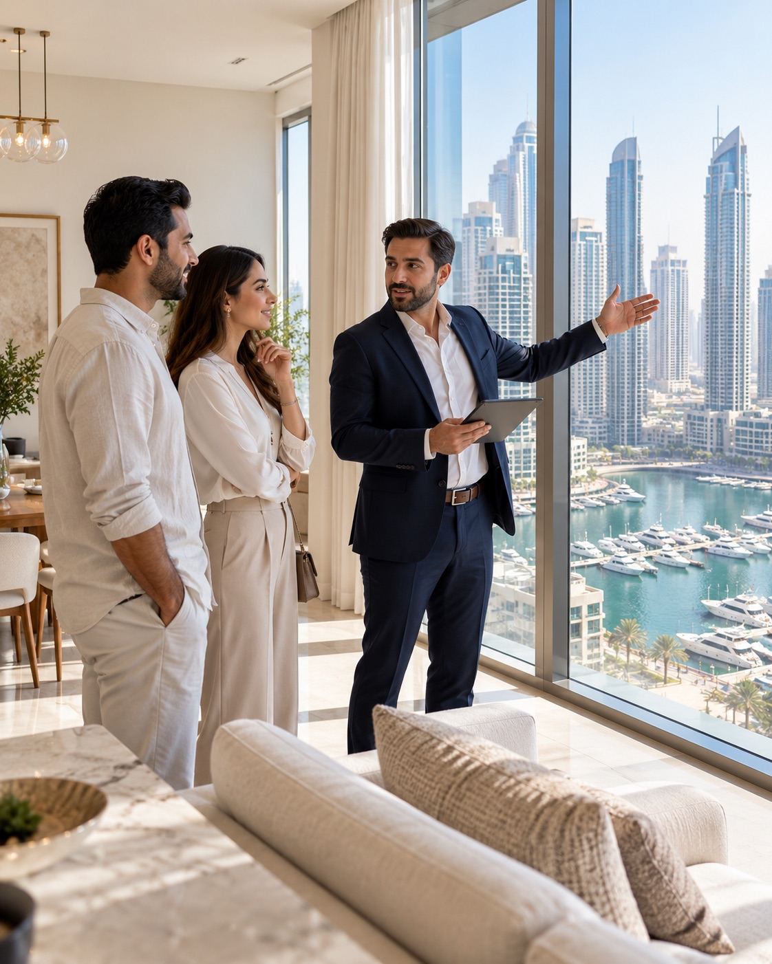 Real estate agent showing a couple the marina view from a Dubai apartment (illustrative image)